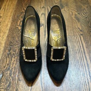 Salvatore Ferragamo Black Heels with Rhinestone Buckle 8.5